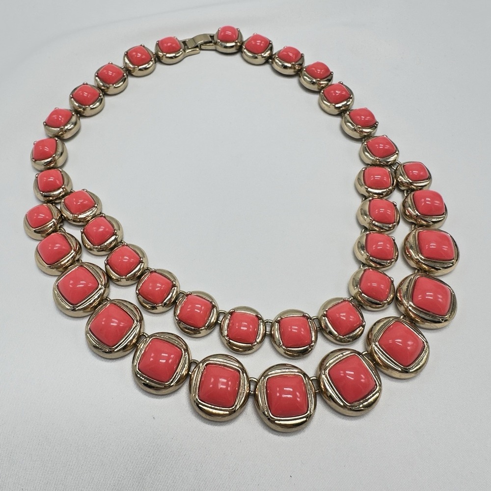 Banana Republic Coral Acrylic Statement Necklace Gold Tone Double Strand 18"